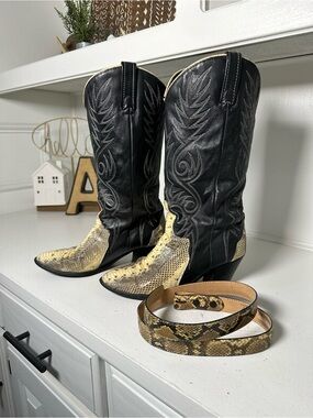 Vintage Acme Cowboy Boots Women 7.5M Snakeskin Leather USA + Tony Lama Belt